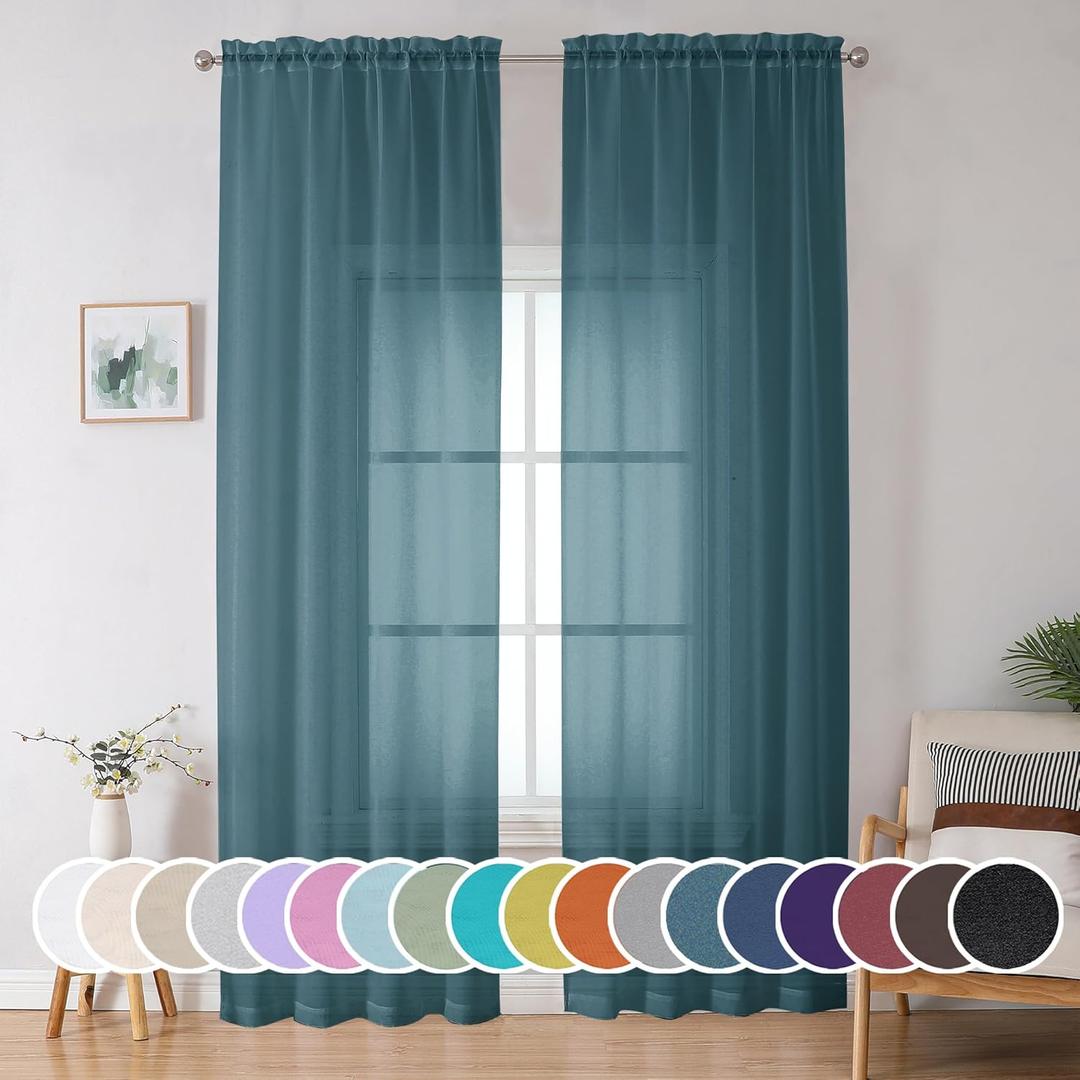 OWENIE Dusty Blue Sheer Curtains 90 Inches Long 2 Panels Set for Living Room Bedroom, Light Filtering Rod Pocket Clear Sheer Curtain 2Pcs, Each 42" W x 90" L, Total 84 Inch Width