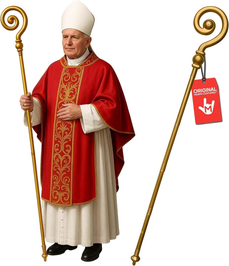Morph Adult Gold Saint Nicholas Shepherd Staff Lightweight Adjustable Cane, Priest Pope Bishop, Wizard, Pharaoh & Holiday Events - Halloween Props & Cosplay Costumes - Gold, One Size
