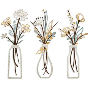 Pigort 3 Pieces Metal Flowers Wall Art- Rustic Farmhouse Decor Minimalist Decor for Living Room Bathroom Bedroom Dining Room, Housewarming Gifts Christmas Decoration(Beige, Vase-C)