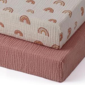 Blissful Diary Muslin Mini Crib Sheets, Pack and Play Mattress Sheets Fitted for Pack N Play, Soft Cotton for Boys Girls, 2 Pack(Dusty Pink and Rainbow)