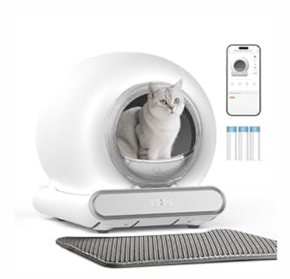 Self Cleaning Litter Box, Integrated Safety Automatic Cat Litter Box Self Cleaning 65L+9L for Multiple Cats, App Control, Odor Removal, Includes Mat & Liner (3 Rolls) - White
