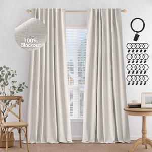 MIULEE 100% Blackout Curtains 90 inches Long Linen Curtains & Drapes for Bedroom Back Tab Living Room Darkening Full Black Out Window Curtain Panels Rod Pocket, Beige, 2 Panels Set