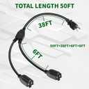 2 Way Power Extension Cord Splitter 50 Ft Total (38+6+6)-3 Prong 1 to 2 Extension Cord Cable Y Splitter-Outlet Adatper-SJTW Outdoor for Halloween Christmas Lighting Landscaping-16AWG 13A 125V-UL-1T2