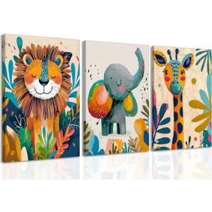 3Pcs Safari Animal Nursery Canvas Wall Art Cute Watercolor Elephant Giraffe Lion Pictures Wall Decor Colorful Jungle Animals Posters Painting Prints for Kids Room Baby Boys and Girls Room, Framed