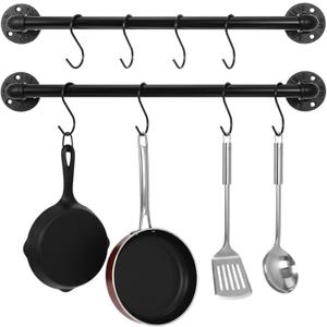 2 Pcs 21 Inch Wall Mounted Pot Rack, Black Iron Industrial Pipe Pan Hanger with 10 Hooks, Kitchen Utensil Organizer and Storage Solution for Pots, Pans and Lids