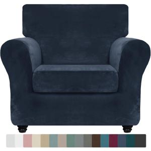 ZNSAYOTX Luxury Velvet Chair Slipcovers with Arms 2 Piece Stretch Chair Covers for Living Room Thick Soft Armchair Slipcover Anti Slip Pet Friendly Furniture Protector (Navy Blue),30"-47"(1 Cushion)