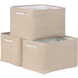Bidtakay Large Storage Baskets for Shelves 3 Pack Fabric Storage Bins for Organizing Linen Collapsible Organizer for Closet-Flaxen (3 Pack-M-15x11x9.5 In)