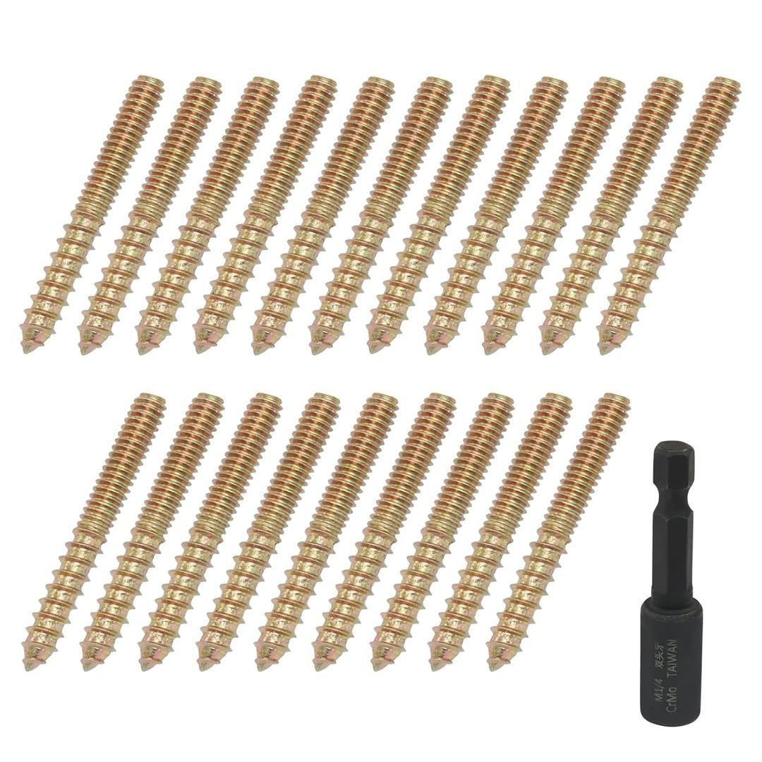 20 Pcs 1/4-20 x 2 Hanger Bolts, Double Head Screws Self Drilling Wood Dowel Screws with Hanger Bolt Driver, Carbon Steel Fasteners for Stairs, Furniture, and DIY Projects