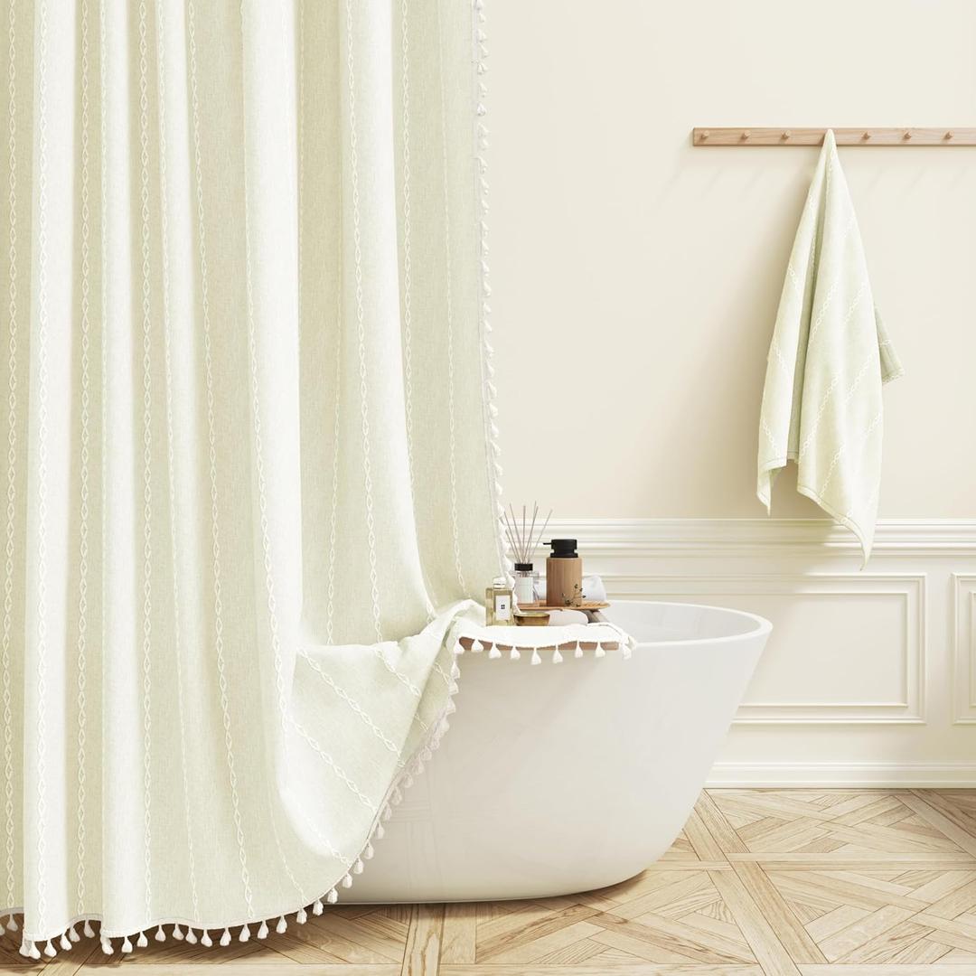BTTN Extra Long Shower Curtain - 72x84 Long Boho Chic Striped Tassel Linen Fabric Shower Curtain Set with Hooks, Modern Farmhouse Cute Heavy Duty Cloth Shower Curtains for Bathroom - Ivory/Off White