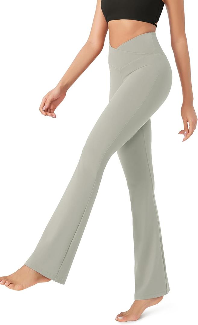 ODODOS Women's Cross Waist Bootcut Yoga Pants with Inner Pocket, Non See Through Bootleg Gym Workout Pants -Inseam 31", Light Grey, X-Large