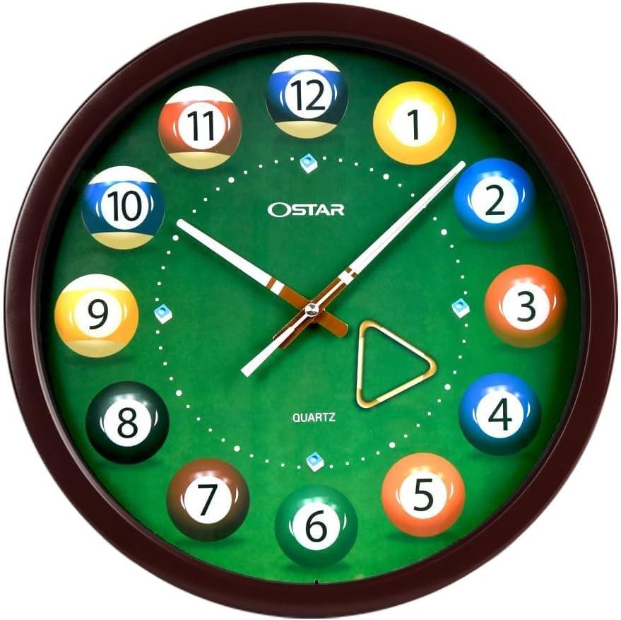 OSTAR Big Large Billiard Pool Ball Wall Clock, Battery Operated, Cue Hand, Non Ticking Quality Quartz, 14" Snooker Game