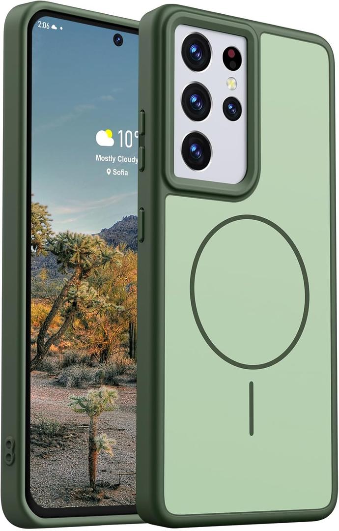 Rayboen for Magnetic Samsung Galaxy S21 Ultra Case 5G, [Compatible with Magsafe] Frosted Skin-Feel Solid Dual-Tone Panel with Soft Edge, Protective Slim Fit Phone Cover for S21 Ultra, Matte Green