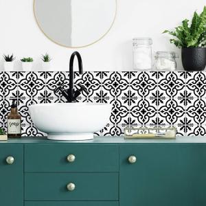 RoomMates RMK4649GM Ornate Black and White Tile Backsplash Peel and Stick Wall Decals