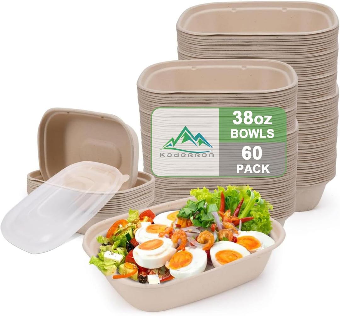 60 Pack 38 OZ Large Paper Bowls with Lids, Heavy Duty Disposable Compostable Bowls for Party, Disposable Bowls Bulk Soak-Proof and Microwave Safe for Hot/Cold Use (38OZ-60PACK)
