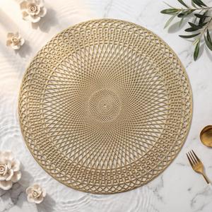 12 Pack Wedding Gold Place Mats 15'' Hollow Out Pressed Vinyl Metallic Round Placemats Washable Heat Resistant Non Slip Table Mats for Boho Dinner Party Table Centerpiece Dining Decoration