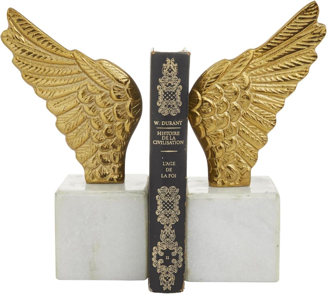 Deco 79 Aluminum Bird Wings Bookends with Marble Base, Set of 2 5"W, 10"H, Gold