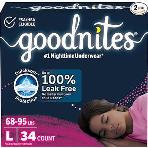 Goodnites Girls' Nighttime Bedwetting Underwear, Size Large (6895 lbs), 34 Ct (2 Packs of 17)