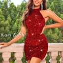 Kaei&Shi Velvet Sequin Dress, Sparkly Halter Mini Dresses for Women, Homecoming Cocktail Party Sexy Outfit (Red, L)