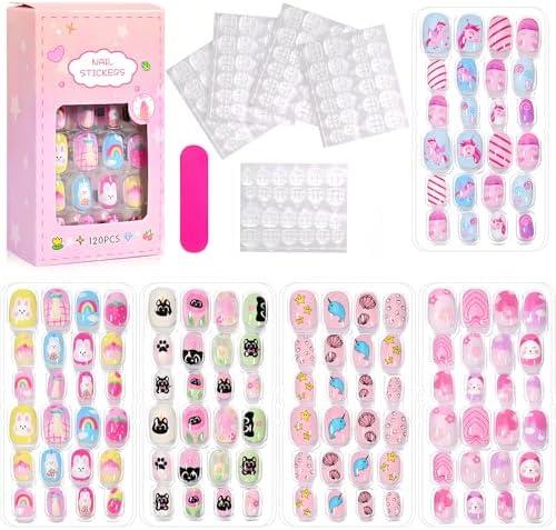 120 PCS Press On Nails for Kids, Full Cover Girl Fake Nails, Short False Nail Stick On Nail for Kid, Suitable for Kid Sleepovers Stuff with Fingernail File and 60Pcs Adhesive Tabs.02, Set of 2