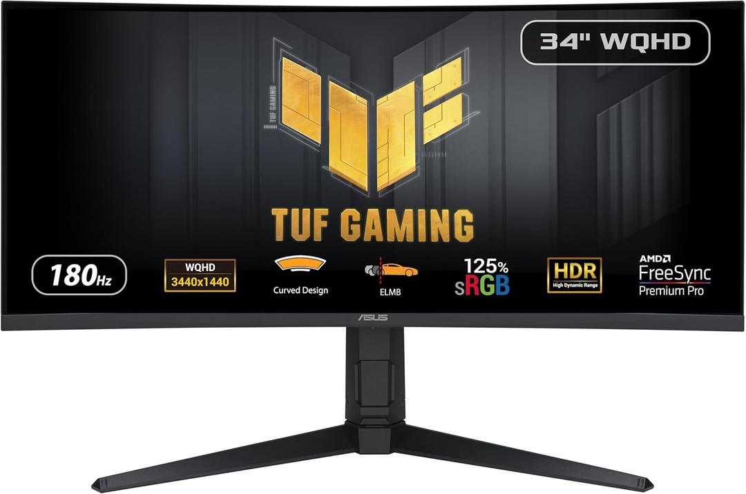 ASUS TUF Gaming 34” 1440P 1500R Curved Monitor (VG34VQL3A) - QHD (3440 x 1440), 180Hz, 1ms, Extreme Low Motion Blur, Free sync Premium Pro, 125% sRGB, Display HDR 400, Height Adjustable, 3 year