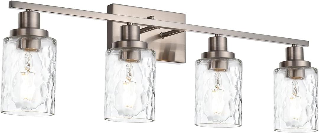 MELUCEE Wall Light Fixture, 4-Light Black Bathroom Vanity Light Over Mirror with Clear Hammered Glass, Modern Wall Sconces Lamp for Powder Room Bedroom Kitchen Porch (Patent No.: US D963914 S)