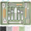 Extra Large Expandable Silverware Organizer, BPA-Free Food-Safe Cutlery Flatware Organizer, Kitchen Utensil Drawer Organizer, Adjustable Silverware Holder for Spoons Forks Knives, Green