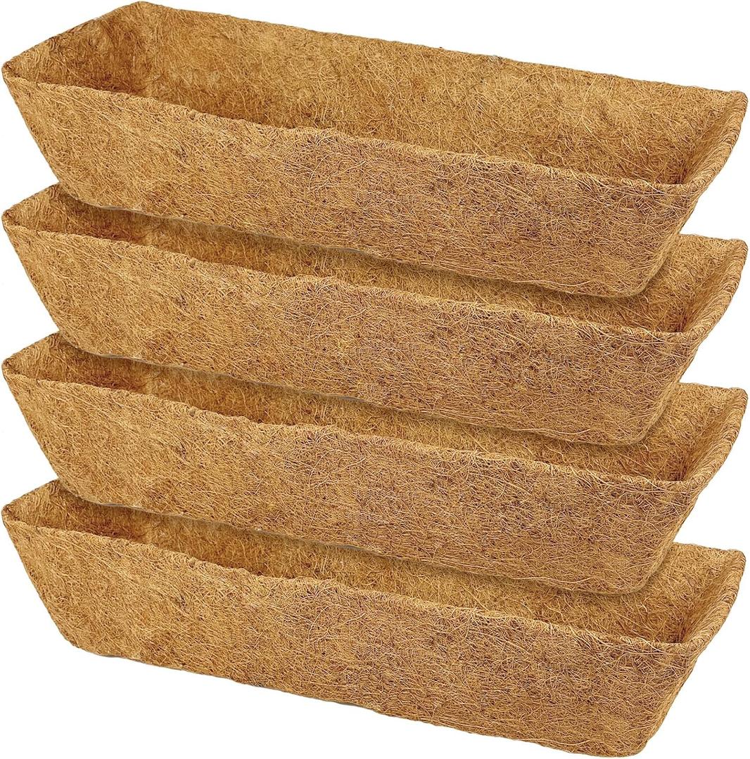 4 Pack 24 Inch Trough Coconut Liners for Window Box Deck Planter Natural Coco Fiber Replacement Liner for Outdoor Plants Rectangular Coir Planters for Porch Balcony Garden Decor