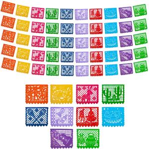 Mexican Party Banners (5 Pack with 10 Plastic Flags per Banner) - Papel Picado Mexicano Para Fiesta - Plastic Papel Picado - Fiesta Themed Party Decorations - Mexican Decor Cinco de Mayo