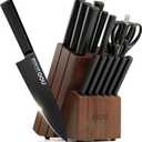 OOU Kitchen Knife Block Set - 15 Pieces High Carbon Stainless Steel Chef Knife Sets, Anti-Rust Black Knives Set with Built-in Sharpener Block, Brown