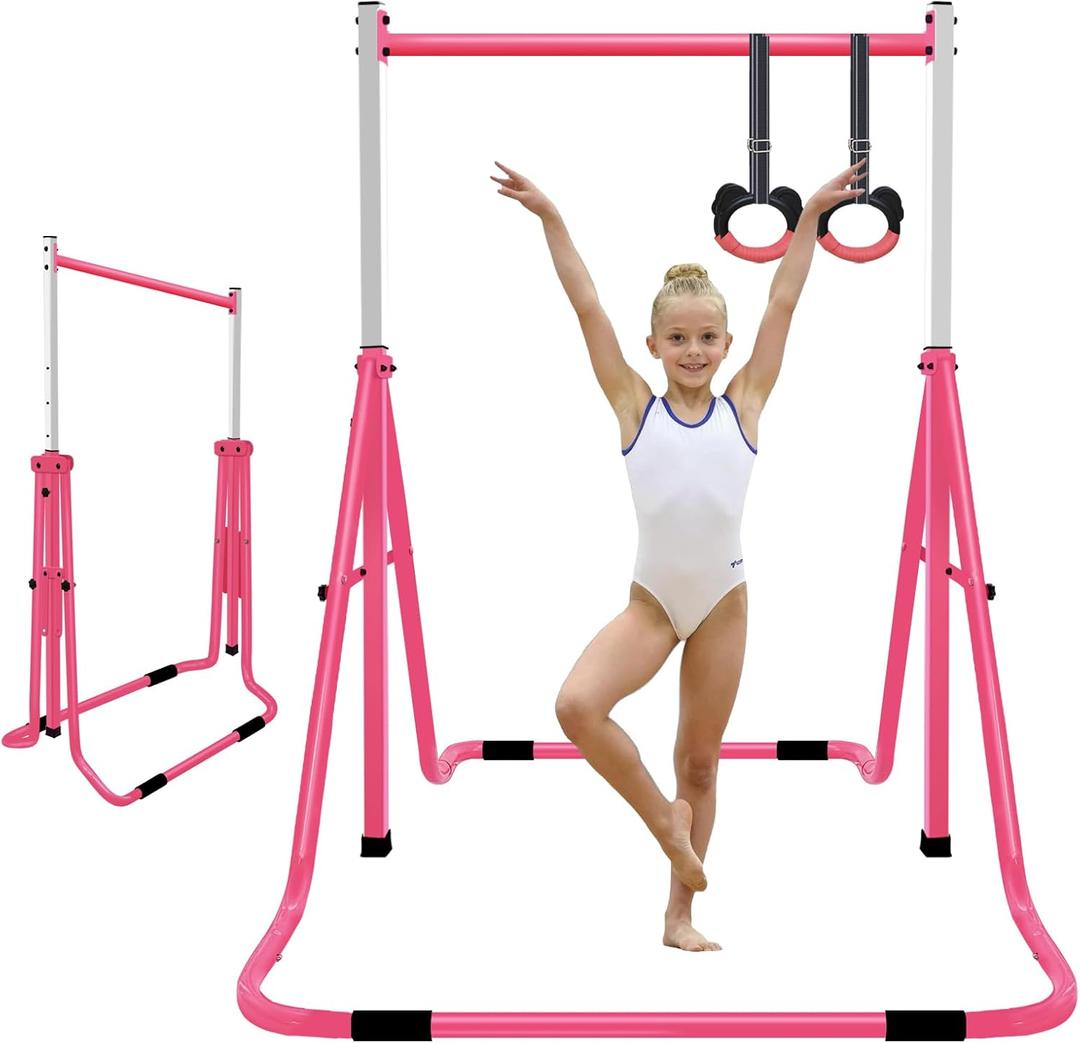 Gymnastics Bar for Kids, Adjustable Height Gymnastic Horizontal Bars, Folding Gymnastic Junior Training Monkey Bars Equipment for Home Indoor/Outdoor Using, Pink, Adjustable to 43", 47", 51", 55", or 59"
