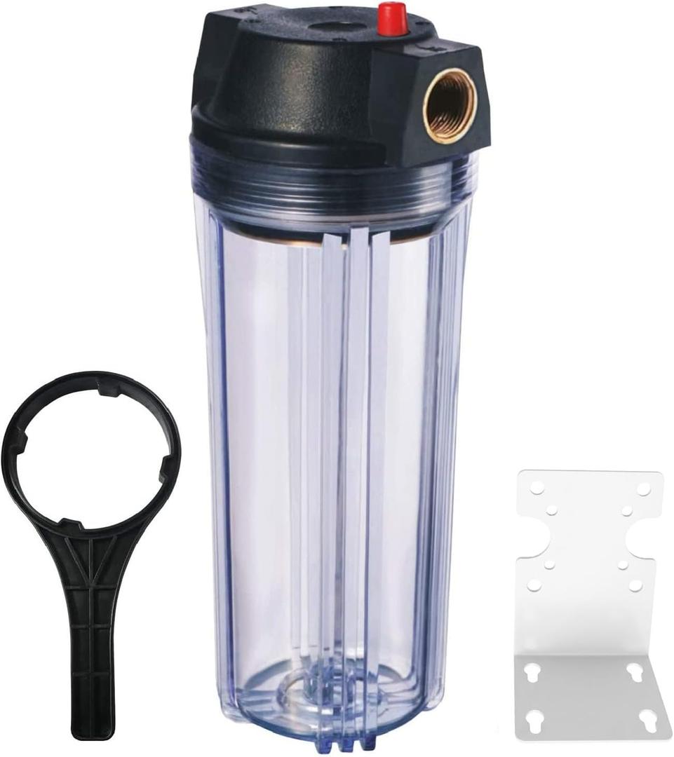 Geekpure 10-Inch Whole House Slim Water Filter Housing with Pressure Relief Valve - 3/4" NPT Brass Port-Fit for 2.5" x 10" Filters-Clear (1)