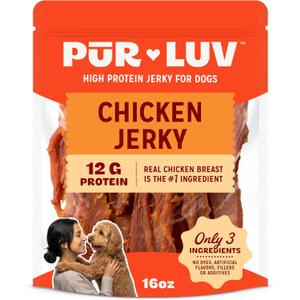 Pur Luv Chicken Jerky Dog Treats, Made with 100% Real Chicken Breast, 16 Ounces, Healthy, Easily Digestible, Long-Lasting, High Protein, Satisfies Dog's Urge to Chew (1 Pound (Pack of 1))
