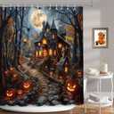 MEHOFOND Halloween Shower Curtain Sets 4Pcs with Shower Curtain,Non-Slip Rugs,Toilet Lid Cover, Bath Mat and 12 Hooks Castle Moon Night Scary Evil Pumpkin Halloween Bathroom Decor Set
