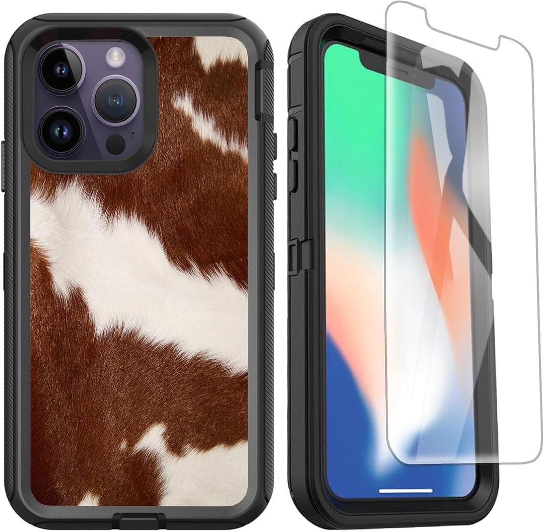 Compatible for iPhone 14 Pro Max Case Western Cowhide Print Luxury Design with Screen Protector Heavy Duty [Military Grade Protection] Shockproof Case for iPhone 14 Pro Max 6.7inch, Brown (Orange)