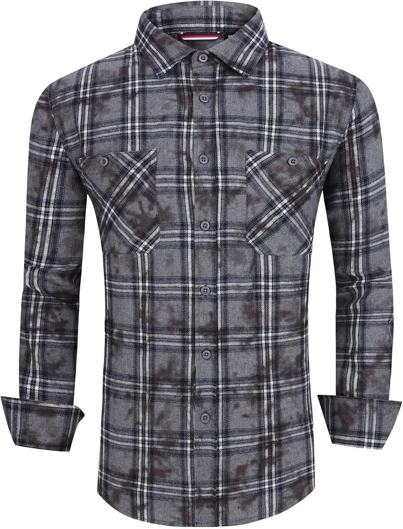 Alex Vando Mens Button Down Shirts Flannel Shirt Long Sleeve (Gray, XL)