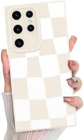 KANGHAR Compatible with Samsung Galaxy S23 Ultra Case, Silicone Checkered Cute Pattern, Camera Protection Soft Slim Phone Case for Girls Women -White