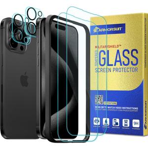 ArmorSuit Glass Screen Protector for iPhone 15 Pro + Camera Lens Protector Tempered Glass 2+2 Pack Case Friendly (w/Alignment Tool)