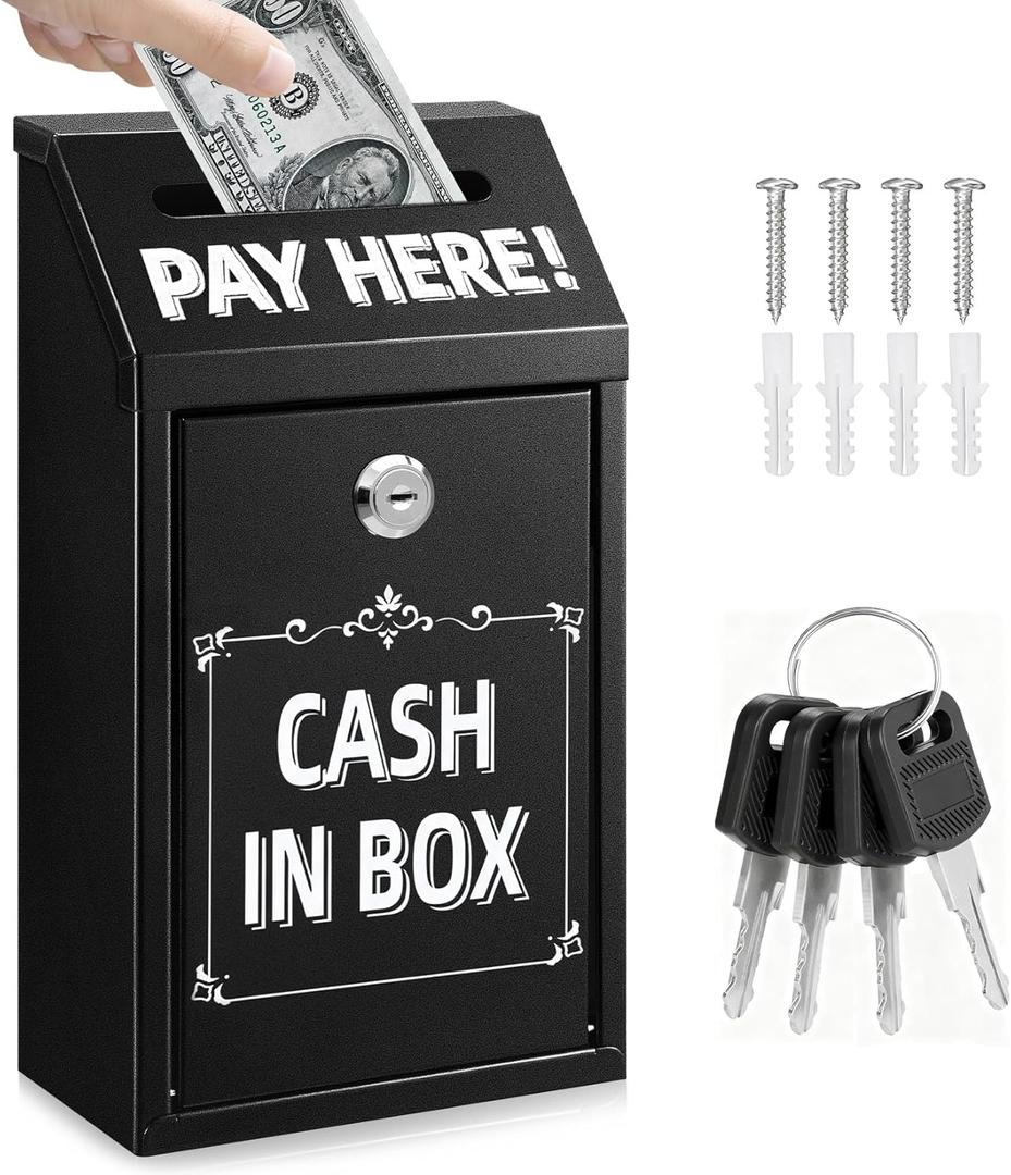Metal Donation Box with Lock  Wall Mounted Cash Money Box with Slot for Cash Deposit, Hualleko Money Drop with Lock and Slot for Home/Office/Outdoors 10.2 x 5.6 x 2.9 Inch(Black)