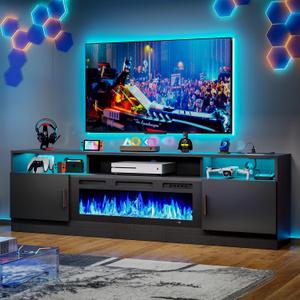 MXV 70" Fireplace TV Stand with Power Outlet for TVs UP to 80", Electric Fireplace Entertainment Center with LED Lights & Storage Cabinets, TV Console for Living Room, Office, Black-Black