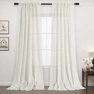 Guken Natural Linen Curtains 102 Inch Length for Living Room Bedroom 2 Panels Set Rod Pocket Light Filtering Semi Sheer Window Curtains 52 Inch Width Boho Farmhouse Linen Drapes Cream Ivory, W52xL102