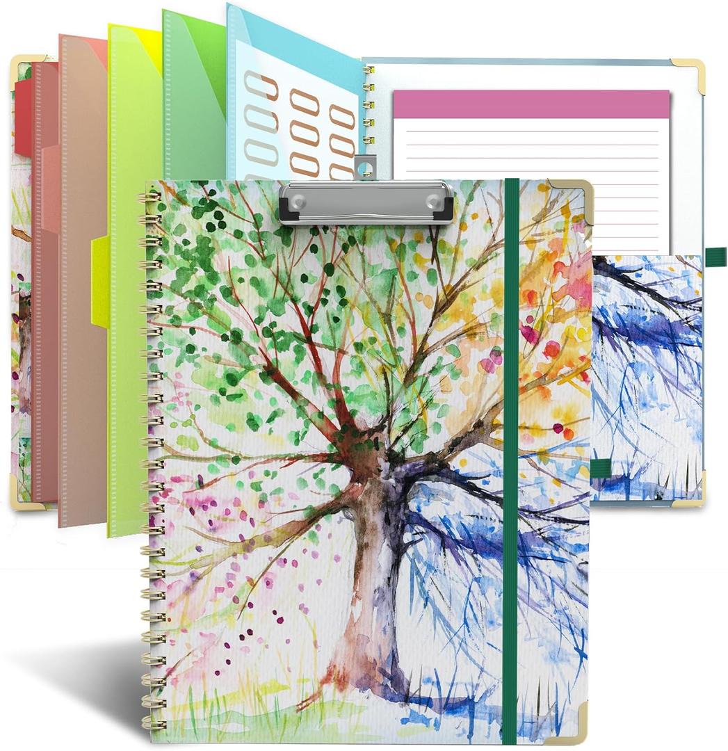 Clipboard Folio with Notepad for Letter Size (11" x 8.5"), 5 Extra Folders with Storage 10 Pockets, 39 File Folder Labels, Elastic Closure Spiral Clipboard with Storage(Tree Seasons)