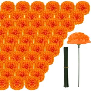 Hananona 50Pcs Artificial Marigold Flower Heads, Silk Marigold Heads Bulk Fake Flowers for Dia De Los Muertos Decor DIY Marigold Garland Day of The Dead Decorations (Orange)