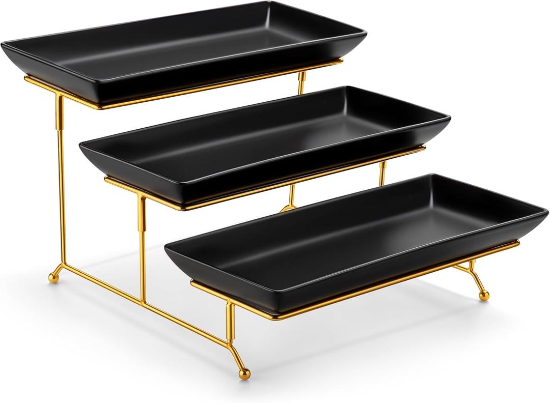 MALACASA 3 Tier Serving Trays for Party, 14 Inch Porcelain Black Trays for Serving Food, Dessert Stand with Collapsible Gold Metal Rack