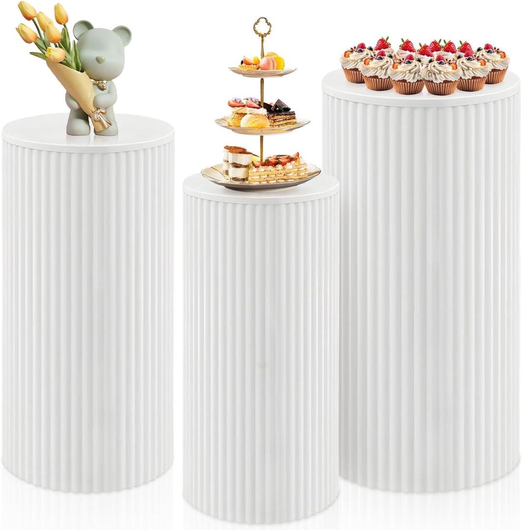 Cylinder Stands for Party, 3Pcs Metal Pleated Cylinder Pedestal Stand Heavy Duty White Cake Cilindros Para Fiestas Parties Round Cylinder Display Flower Plant Stand for Wedding Birthday Party Decor