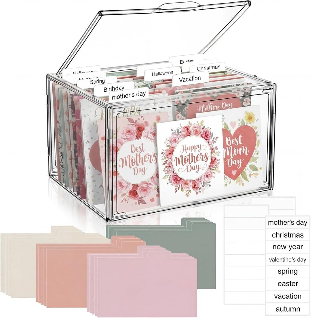 Tenceur Acrylic Greeting Card Organizer & Storage Box with 20 Colorful Removable Adjustable Dividers and 80 Labels for Holiday Birthday Cards Photos, Crafts, Scrapbooking, Paper, Envelopes