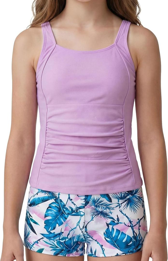 Girls Tankini Swimsuit 2-Piece Bathing Suits Tankini Top with Swim Shorts for Teens 9-16