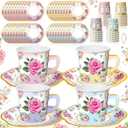 Umigy 36 Sets Tea Party Decorations Floral Paper Tea Cups with Handle and Plates Disposable Blossom Teacups Saucers Sets with Tape for Hot Cold Drink Birthday(Gradient Blue Pink Yellow Purple,6.5 oz)