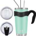 WETOWETO 20oz Tumbler with 2 lids and 2 straws, Stainless Steel Vacuum Insulated Water Coffee Tumbler Cup with Handle, Double Wall Powder Coated Travel Mug Thermal Cup (Light Green, 1 Pack)