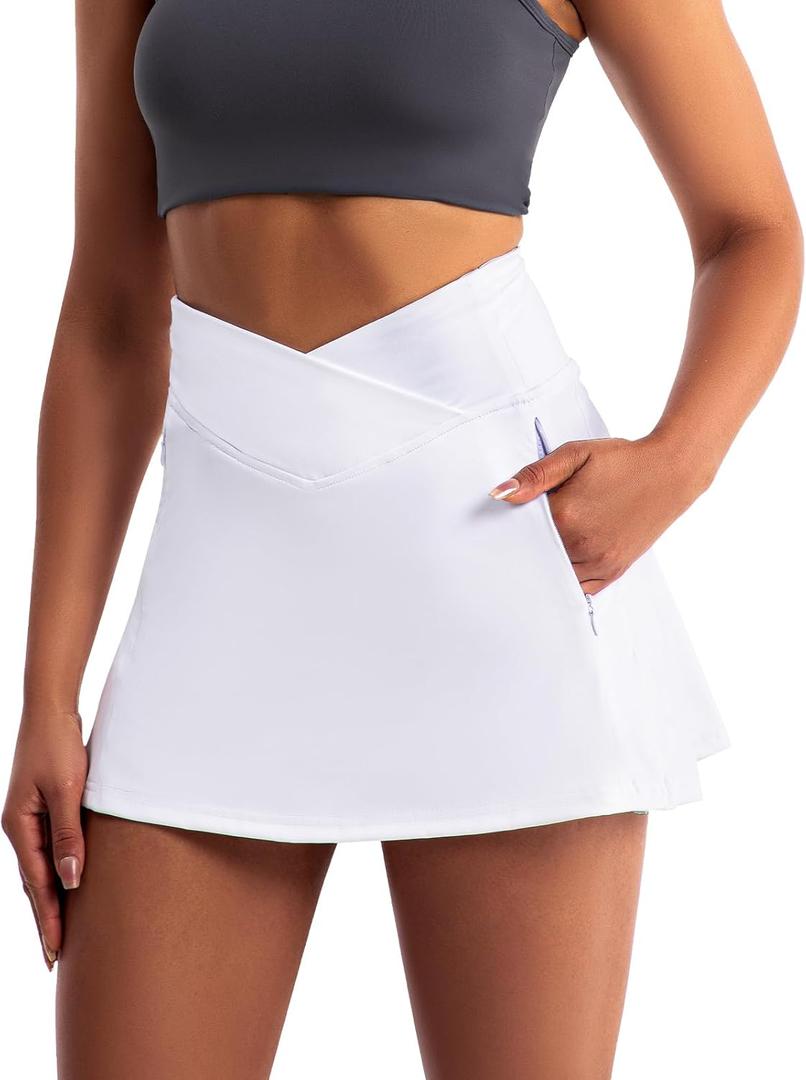 3 x Golf Skirts for Women Crossover High Waisted Athletic Skirt Skorts Stretchy Golf Skirt with Shorts and 4 Pockets (White, L)