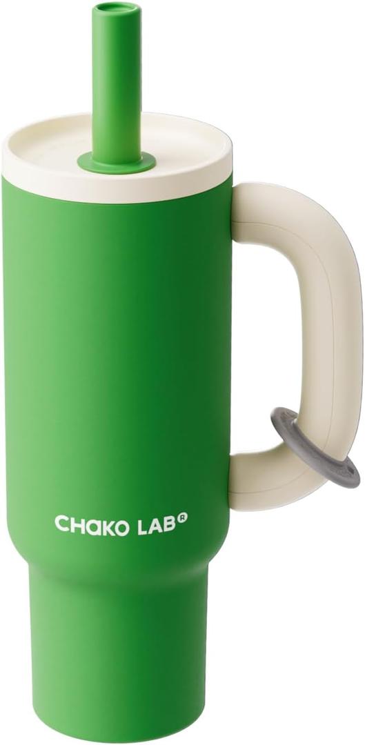 CHAKO LAB BaWang Insulated Stainless Steel Tumbler | Tumbler with Handle and Straw 33oz | Cup Holder Friendly for Travel | Leakproof Water Bottle | BPA-Free | Ceramic liner| Green White